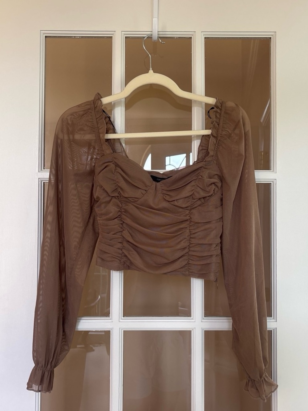 Forever 21 Brown Ruched Mesh Sweetheart Crop Top